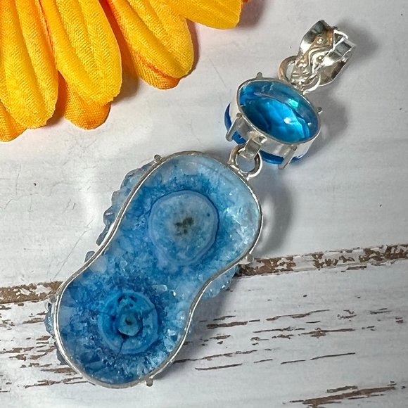 Solar Agate Blue Topaz Pendant Handmade Gemstone Crystal 925 Silver Long New! - Picture 6 of 9
